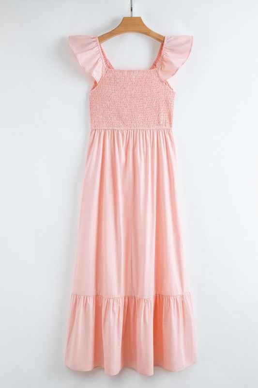 Solid V-Neck Flutter Sleeve Ruffle Maxi Dress 7ed2eb2a-6d7e-4e69-9ea8-b2eedc04013c