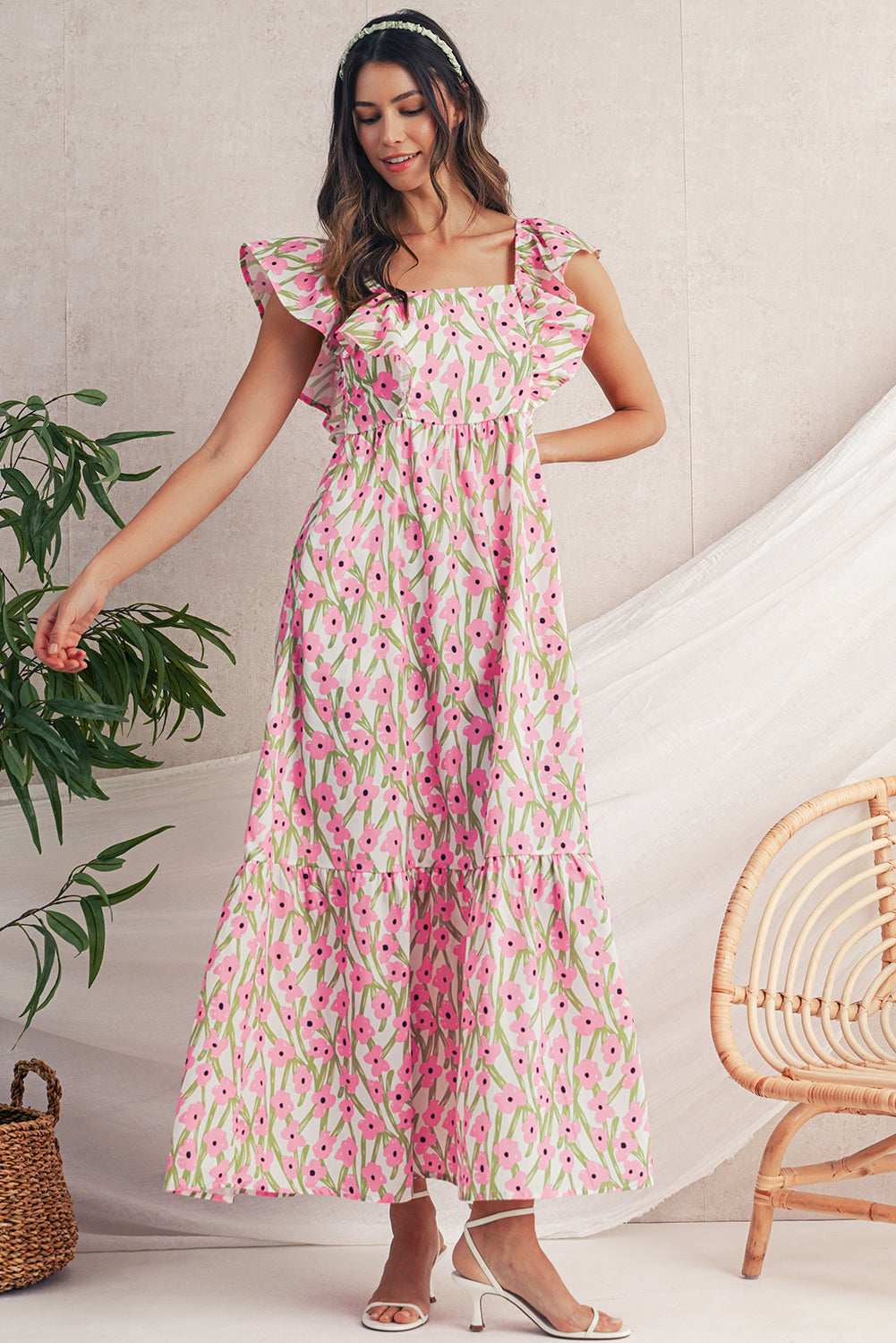 Blue Floral Print Square Neck Ruffled Strap Maxi Dress 7ed65b84e1f94c7e-_12