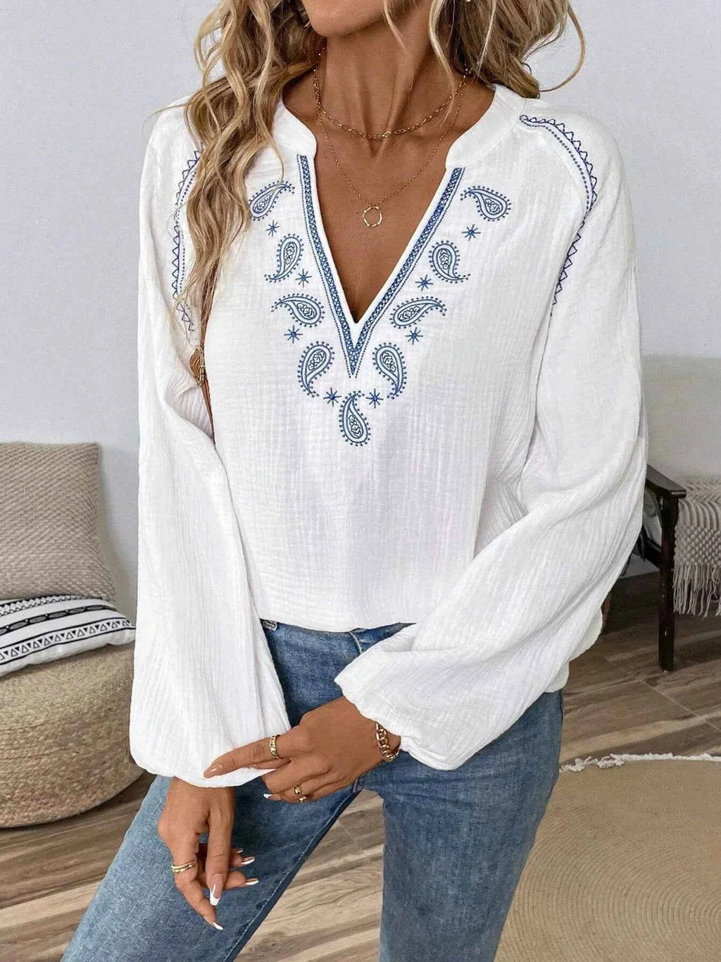 Paisley Pattern Notched Long Sleeve Blouse 7ed6af7fa0fb411ca8fb667a721c4591-Max-Origin