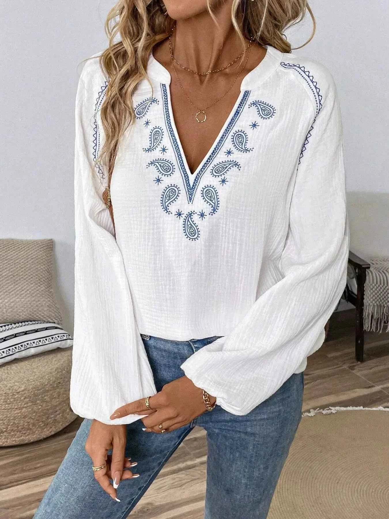 Paisley Pattern Notched Long Sleeve Blouse 7ed6af7fa0fb411ca8fb667a721c4591-Max-Origin