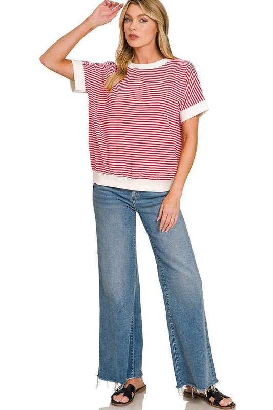 Stripe Contrast Trim Banded Bottom Top 7edb7ac16ce941ab8927701538235c81-Max