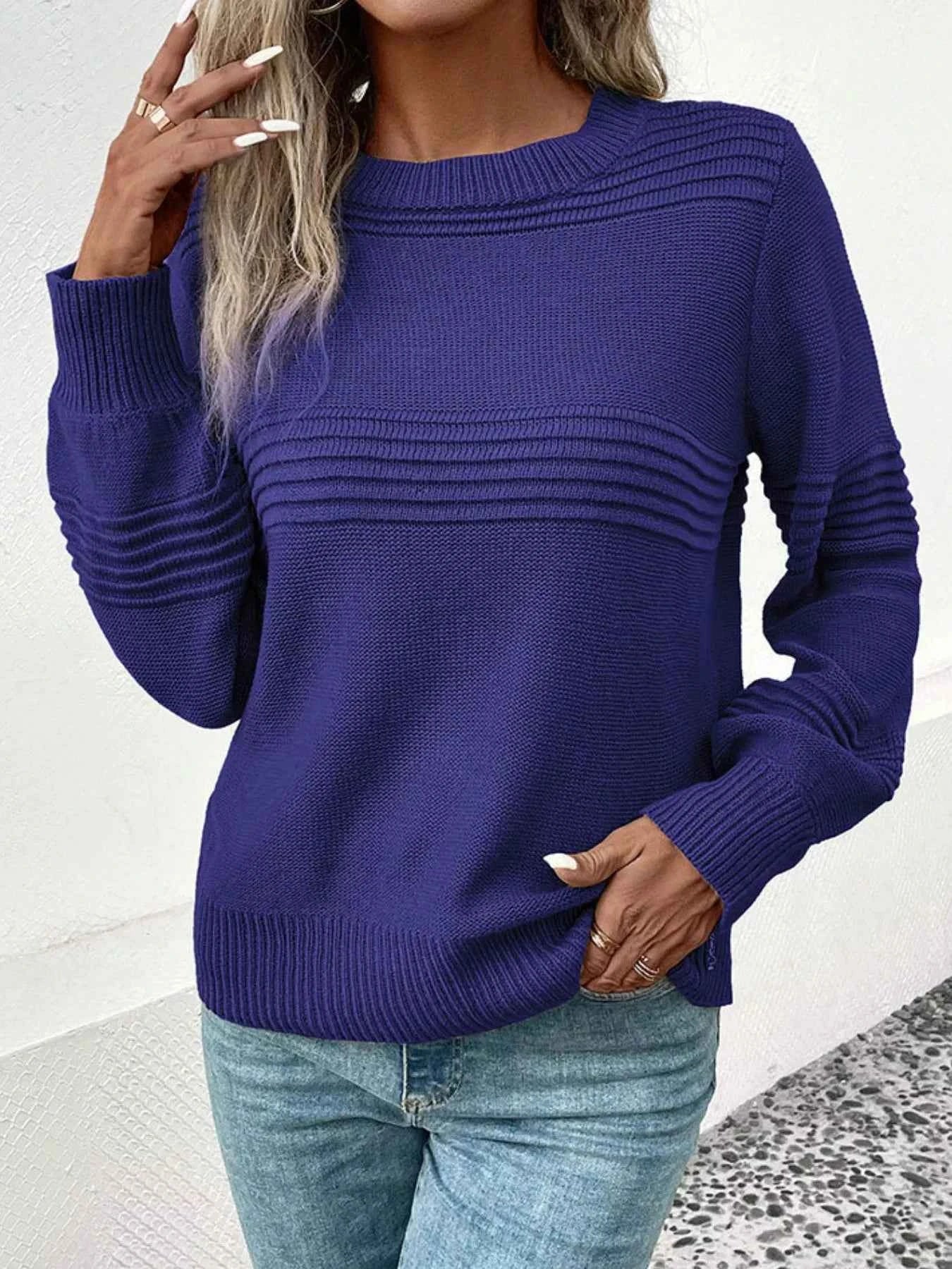 Round Neck Long Sleeve Sweater Dark Blue 7edb9b9c-4dba-4c81-b928-4703de83fca3-Max-Origin
