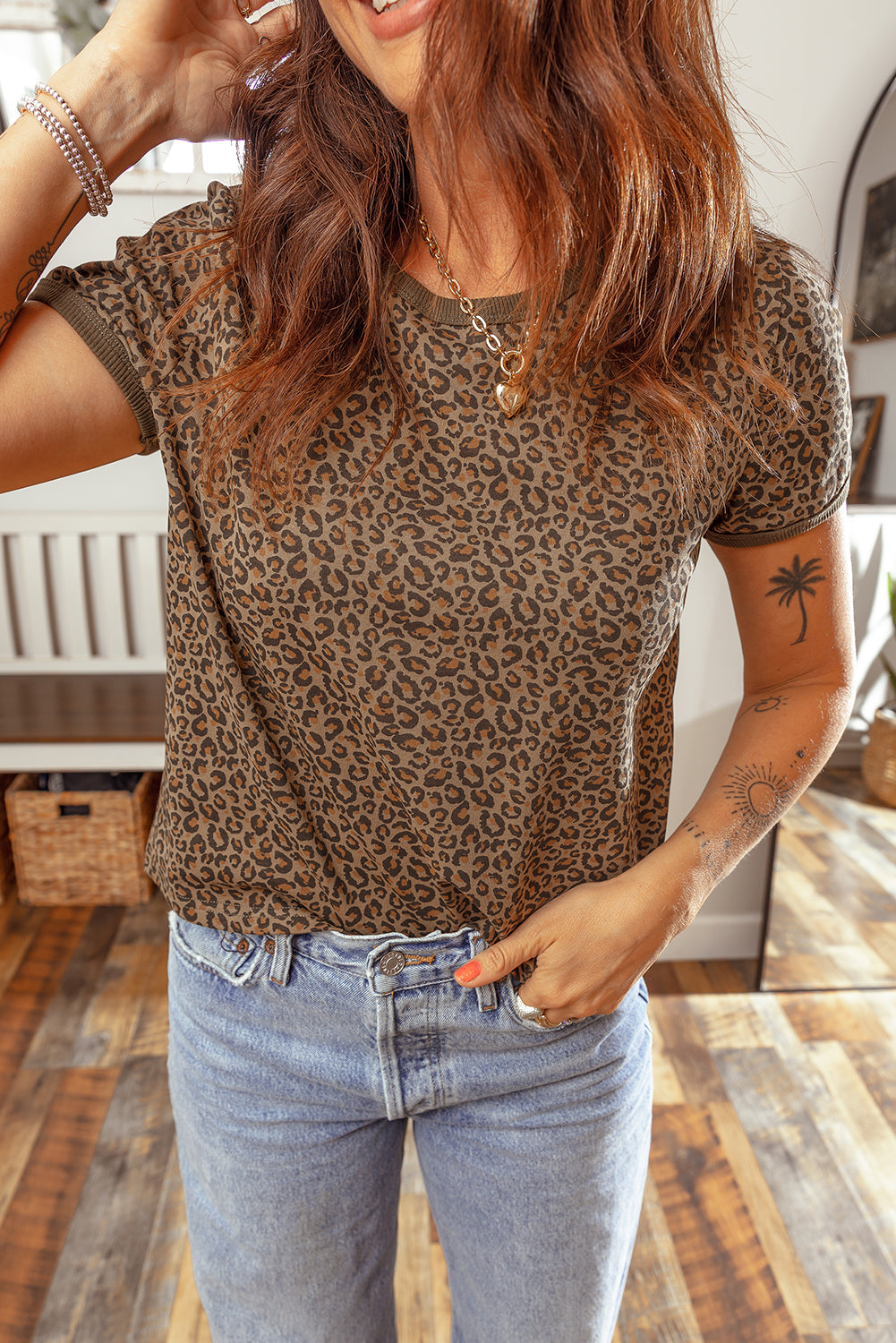 Khaki Fierce Leopard Crew Neck T Shirt 7edf64cc45cb73ee