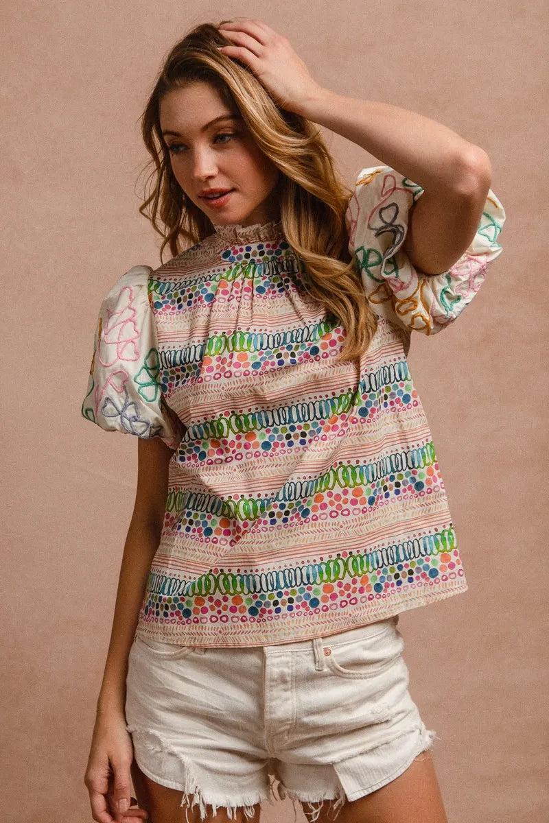 BiBi Ruffle Neckline Blouse With Embroidery Bubble Sleeve 7ee3707e86684bfeba67de3e11c9c7dc-Max-Origin