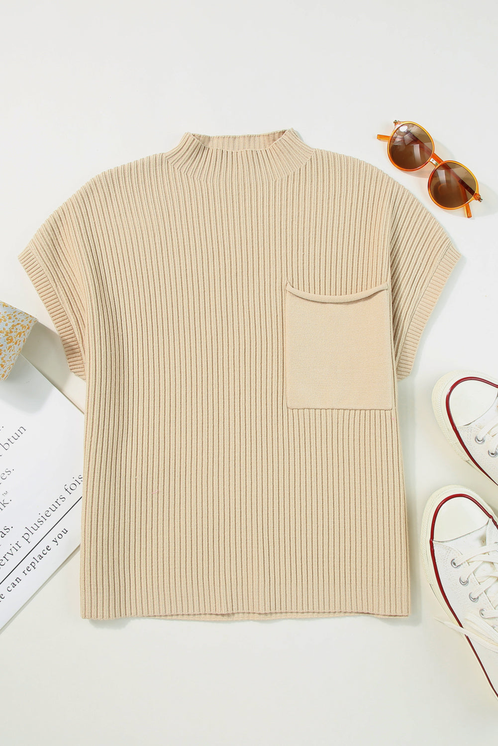 Green Patch Pocket Ribbed Knit Short Sleeve Sweater 7ee8b41c800d7920
