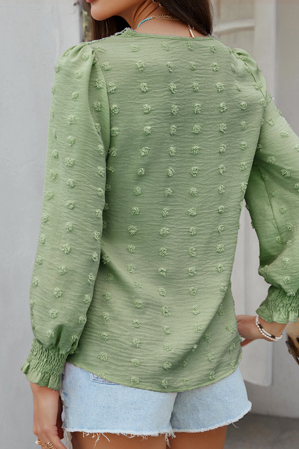 Grass Green Swiss Dot Lace Patchwork V Neck Long Sleeve Blouse 7ee8cbde0f22569b