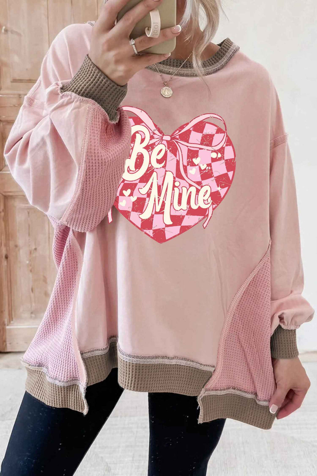 Light Pink Color Block Waffled Patchwork Be Mine Cracking Checkered Heart Print Sweatshirt Light Pink 65%Polyester+35%Cotton 7eed8435bc785b0c