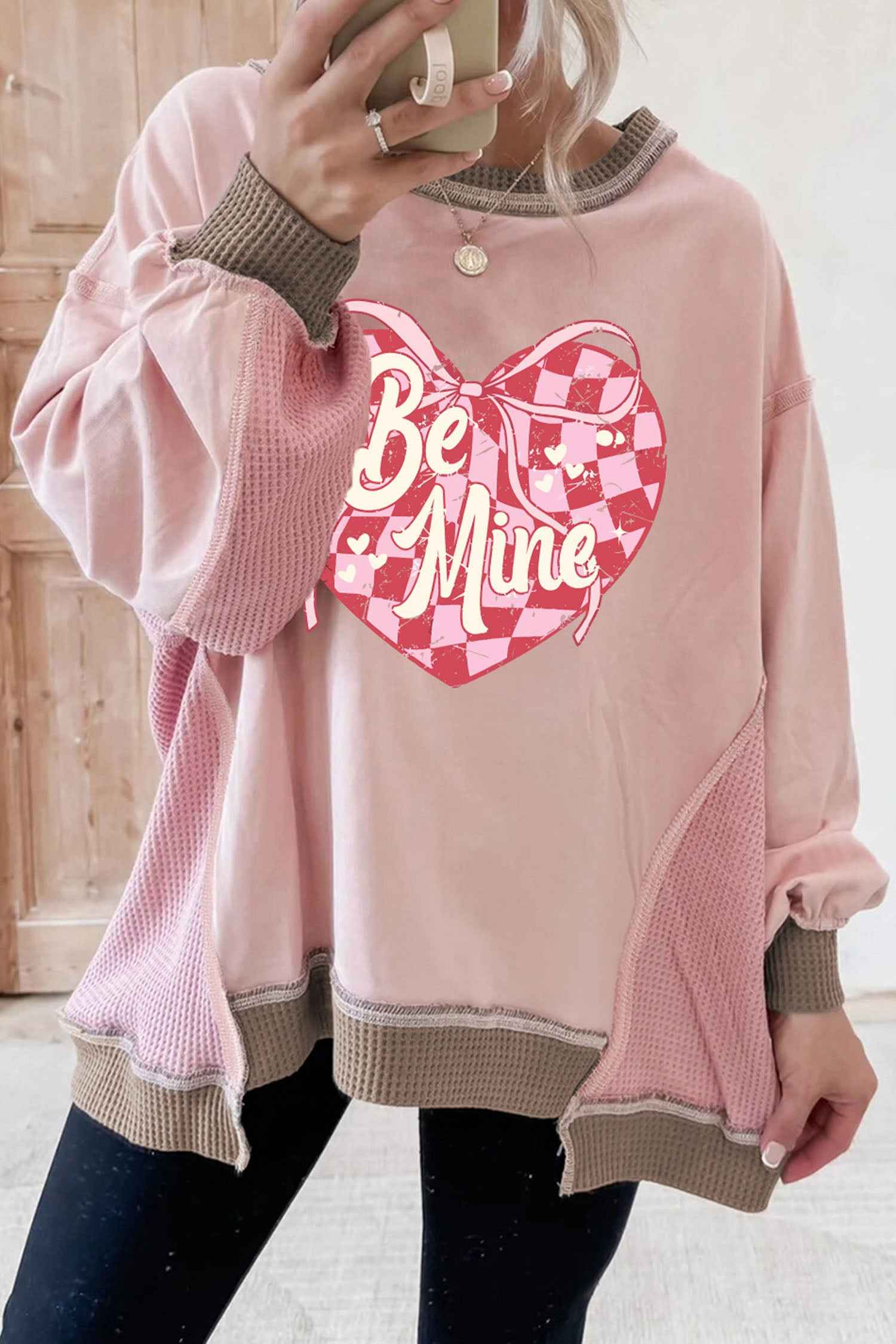 Light Pink Color Block Waffled Patchwork Be Mine Cracking Checkered Heart Print Sweatshirt Light Pink 65%Polyester+35%Cotton 7eed8435bc785b0c
