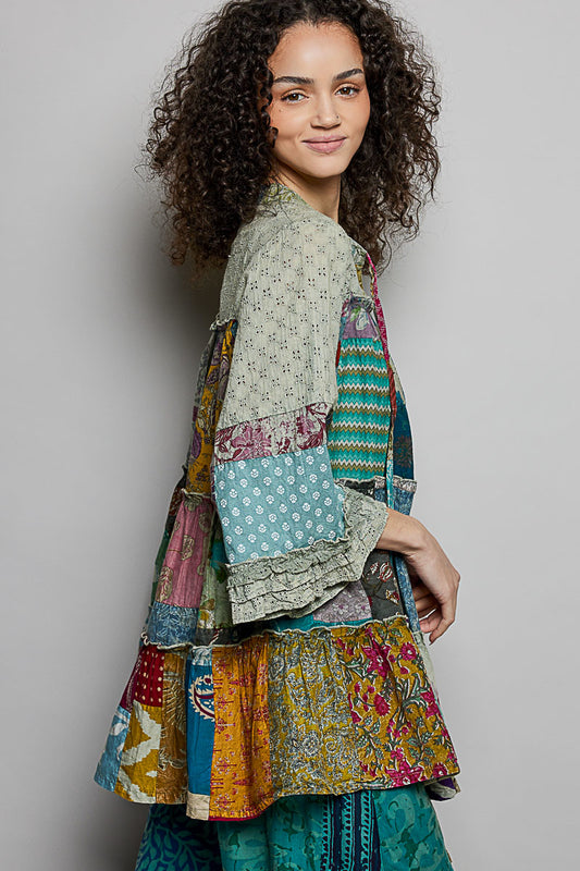 Tiered Floral Patchwork Tie Neck Shirred Ruffled Blouse 7eedfde4-e167-4bbe-a22a-f31761c78d48-Max