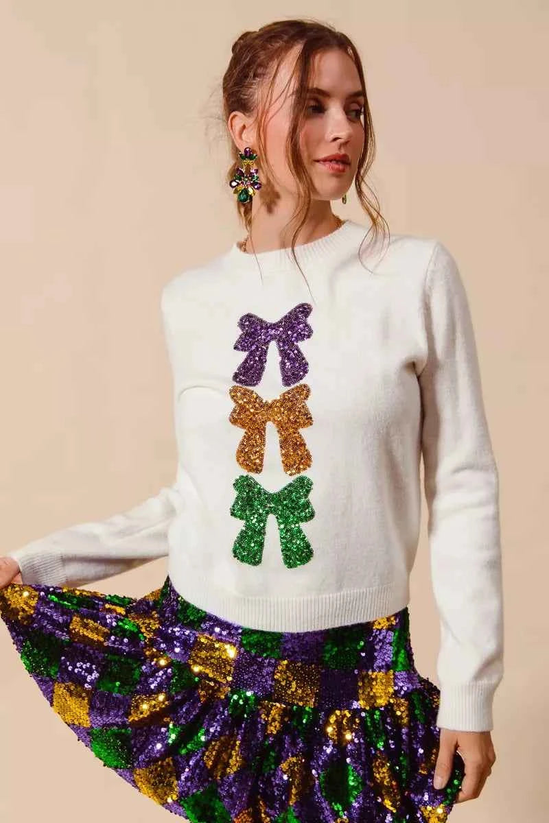 SO ME Mardi Gras Sequins Bow Ribbon Embellished Sweater IVORY COMBO 7ef0e6e38477456cbeb374c15fd5496e-Max-Origin