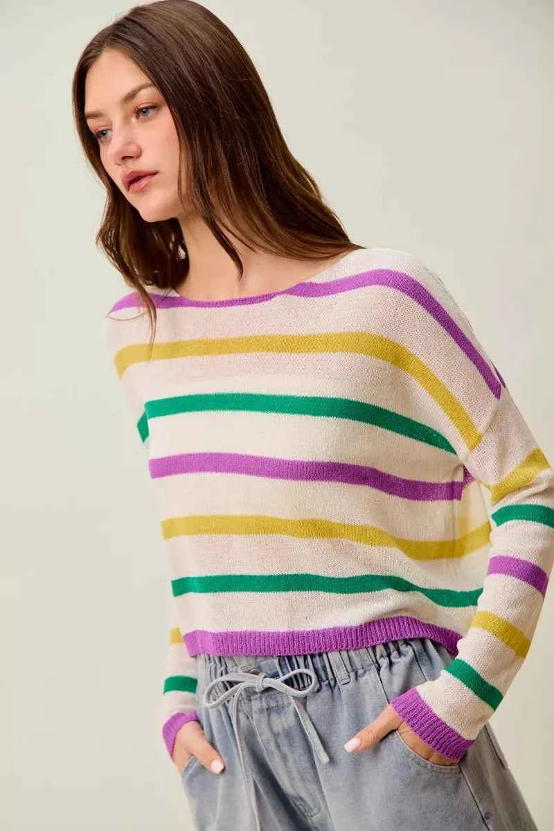 SO ME Mardi Gras Color Stripe Lightweight Sweater Top 7efa73e3432d4fa596d82a11576eb045-Max-Origin