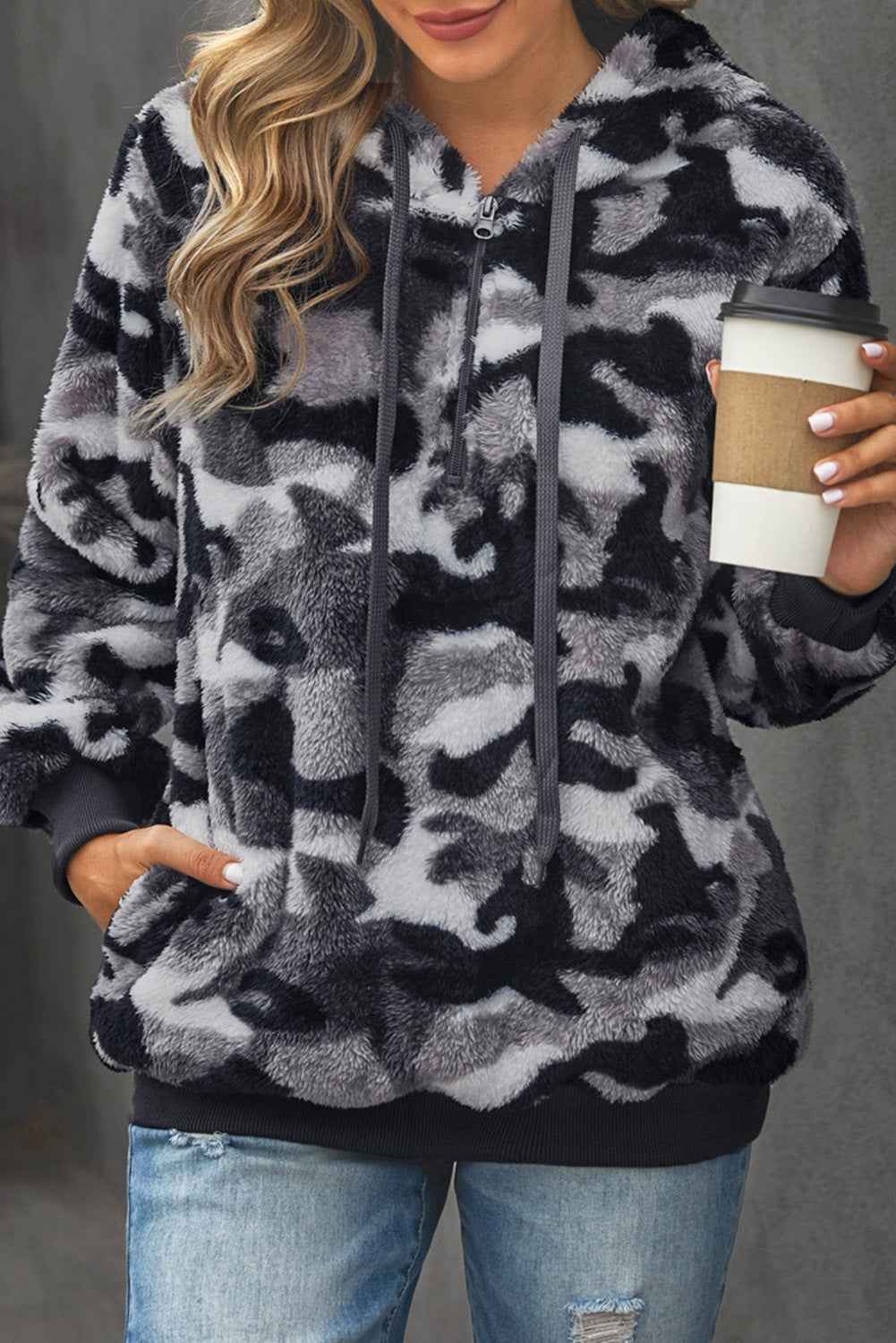Gray Camo Print Warm Furry Pullover Hoodie Gray 100%Polyester 7efd8ed035198b88