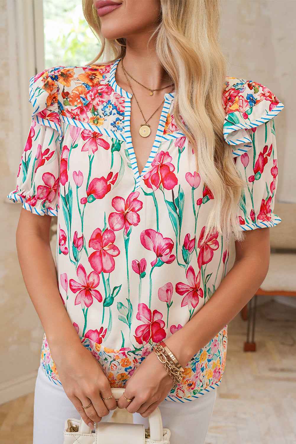 Pink Floral Print Striped Detail Split Neck Short Sleeve Blouse 7f009fbd72a00293