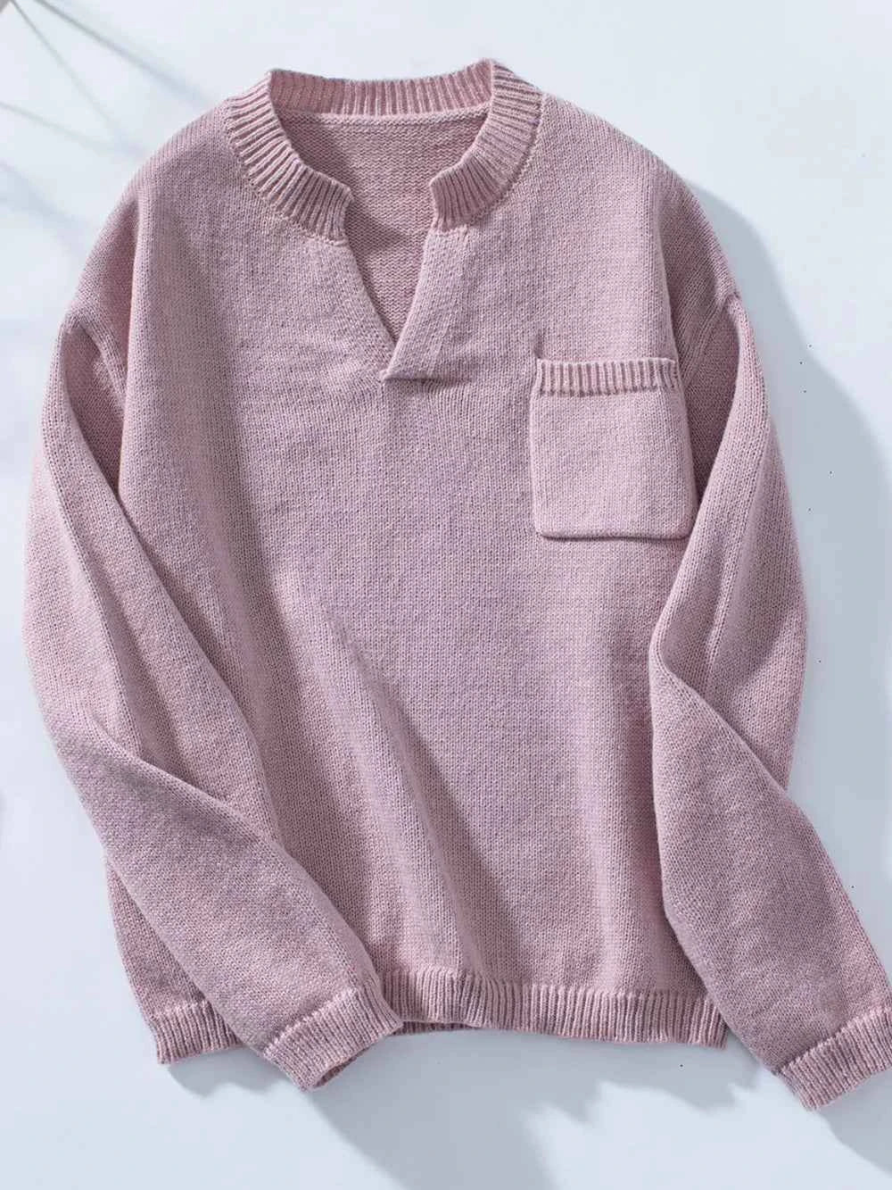 Pocketed Notched Long Sleeve Knit Top Dusty Pink 7f06e679-5577-4169-9896-1790fb51b744-Max