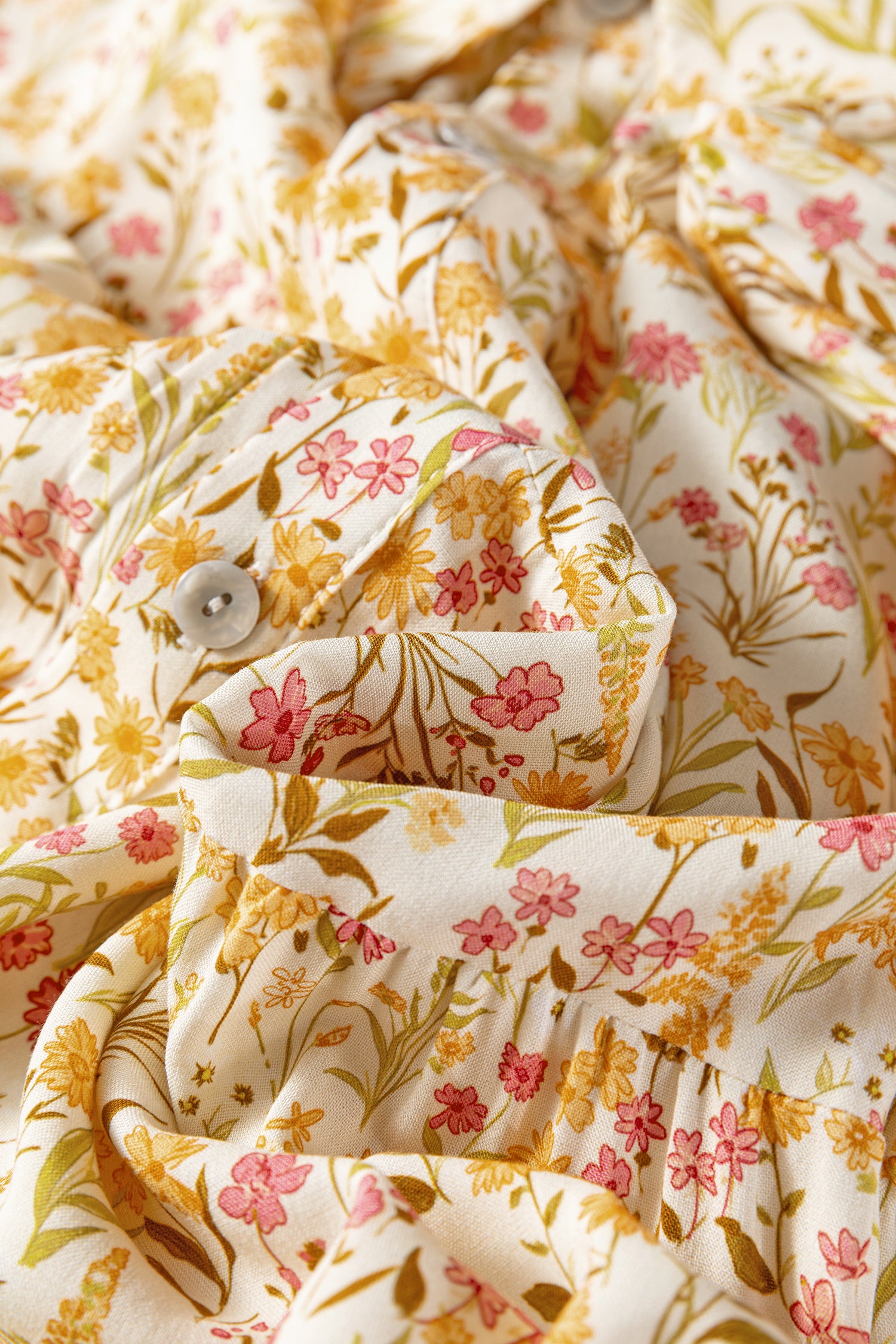 Yellow Floral Print Frilly Trim Smocked Cuff Long Sleeve Loose Shirt Dress 7f07b8aadc52cef7