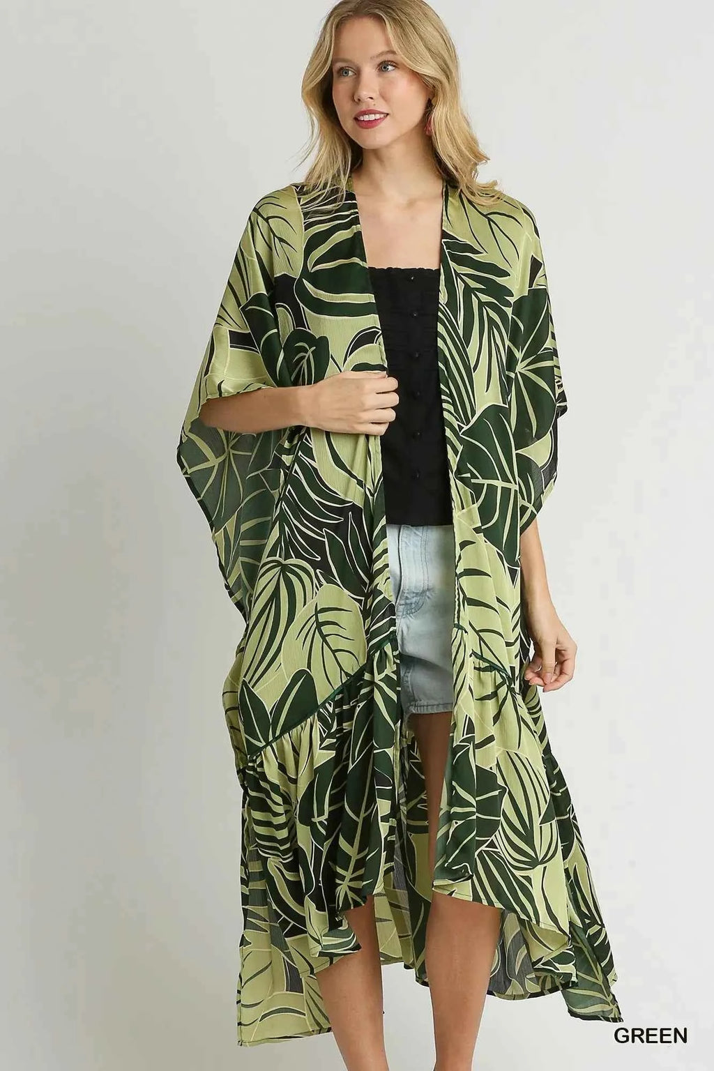 Umgee Satin Tropical Plant Print Open Front Kimono with Ruffle Details 7f0d2e98-d002-4c24-b64c-f9f9b51eaf67-Max-Origin