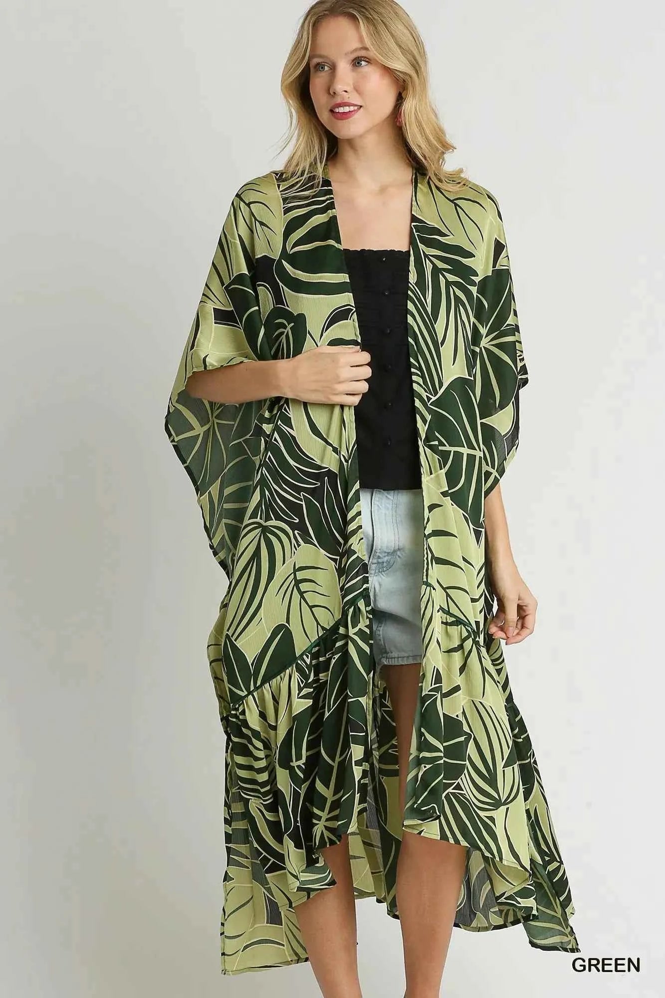Umgee Satin Tropical Plant Print Open Front Kimono with Ruffle Details 7f0d2e98-d002-4c24-b64c-f9f9b51eaf67-Max-Origin