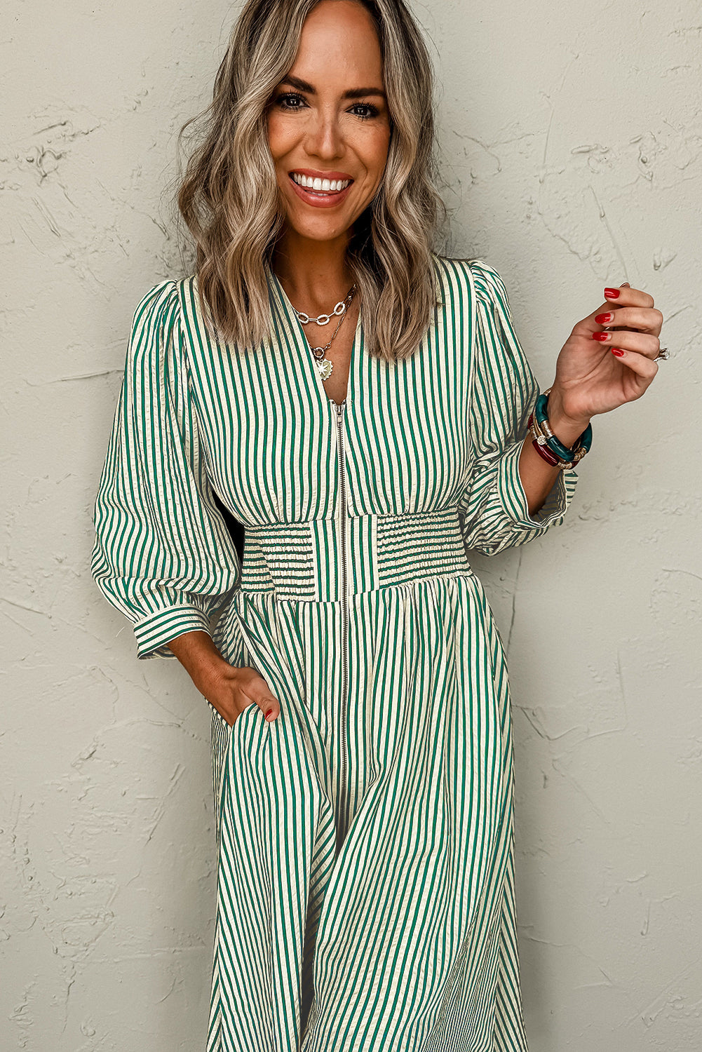 Green Striped V Neck Zip Front Cinched High Waist Midi Dress 7f0dfce278ab84df