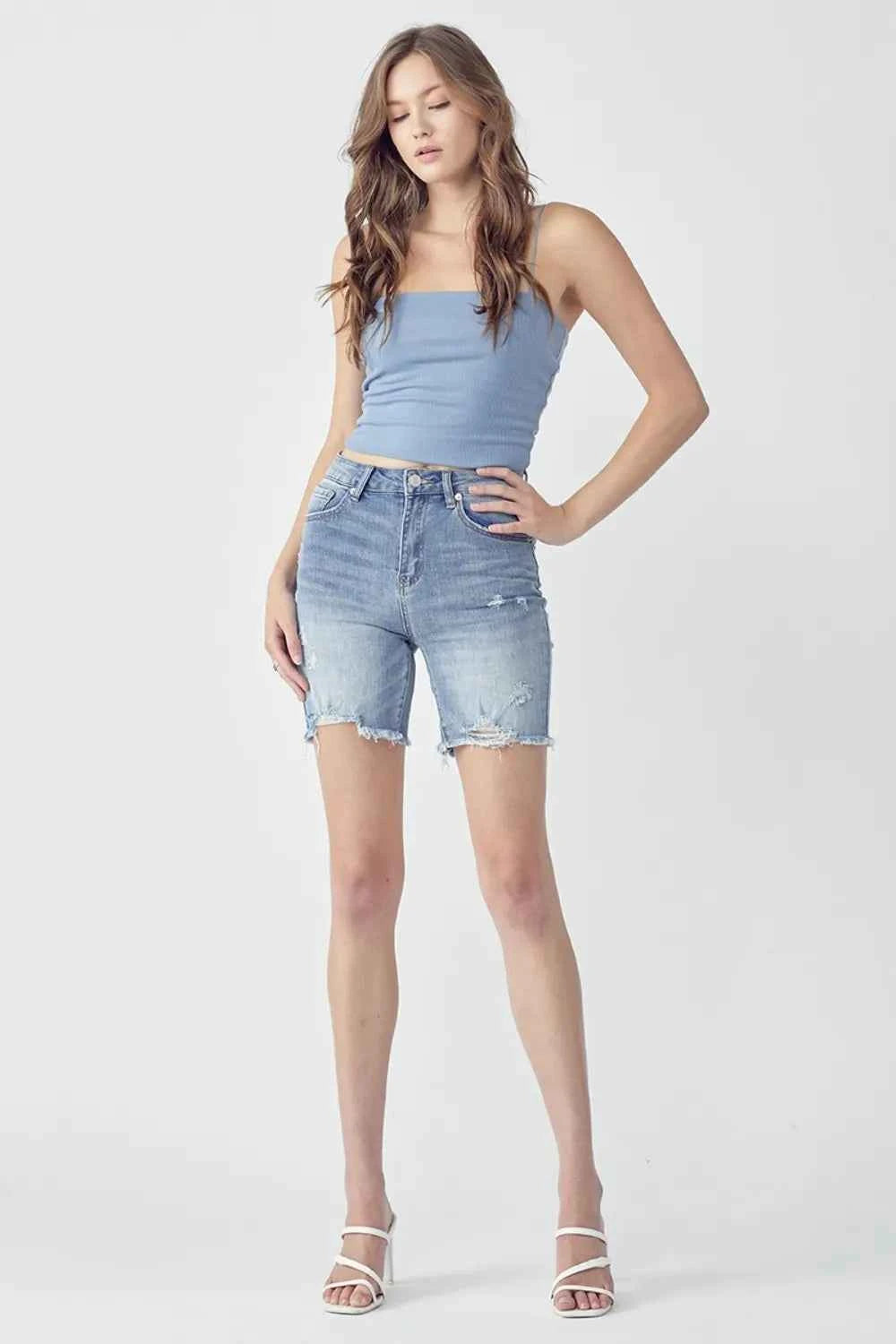 RISEN High Rise Distressed Denim Shorts 7f0ed3af-1703-4c4d-bde1-90be9637297b-Max