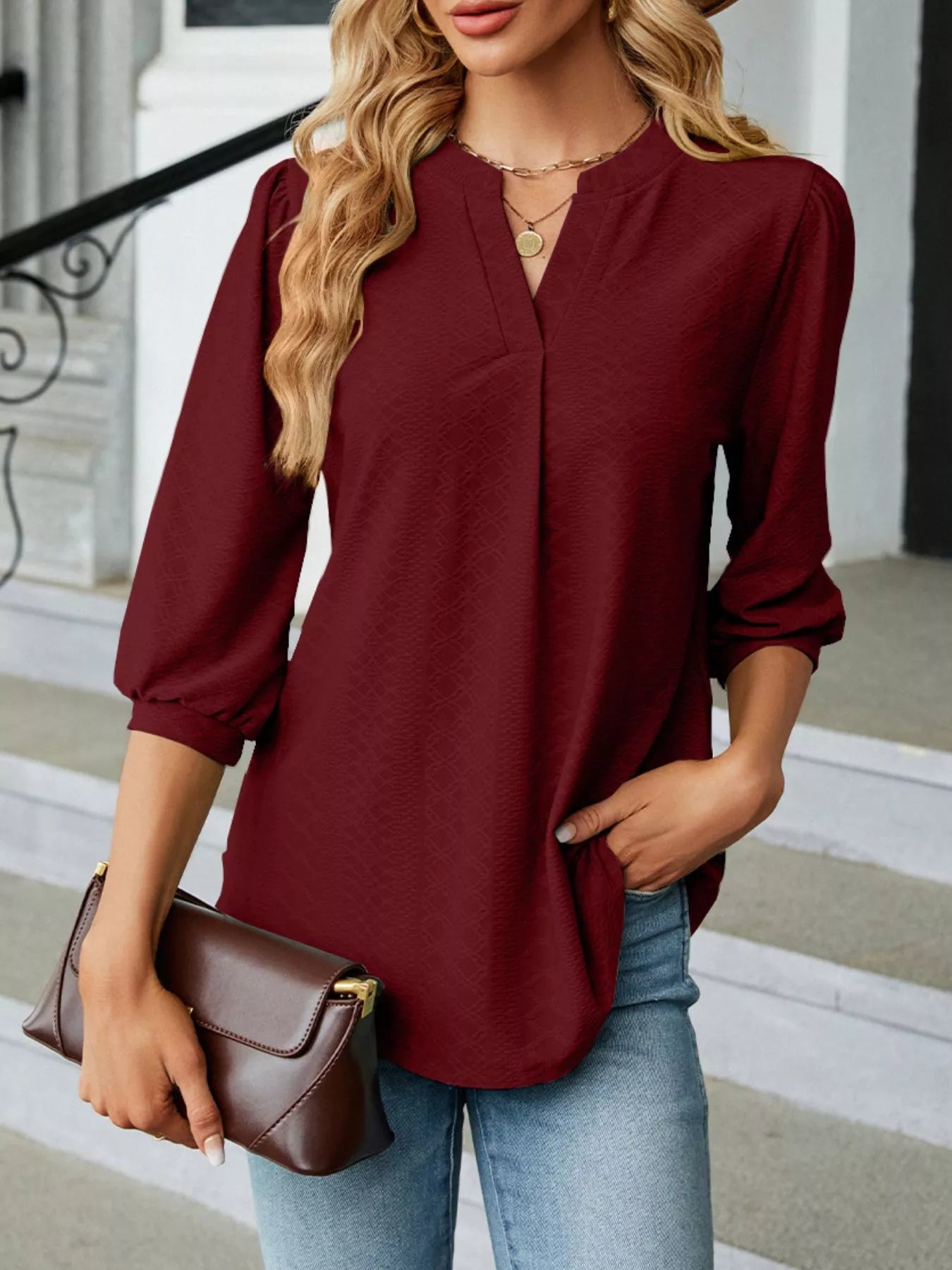 Notched 3/4 Sleeve Casual Top Burgundy 7f18a920-b7f9-4173-9370-5ae0cdad3b26-Max-Origin