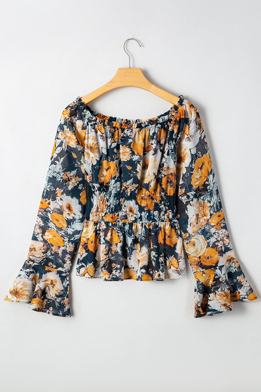 Blue Floral Off Shoulder Bell Sleeve Smocked Peplum Top 7f2216b5768d7244