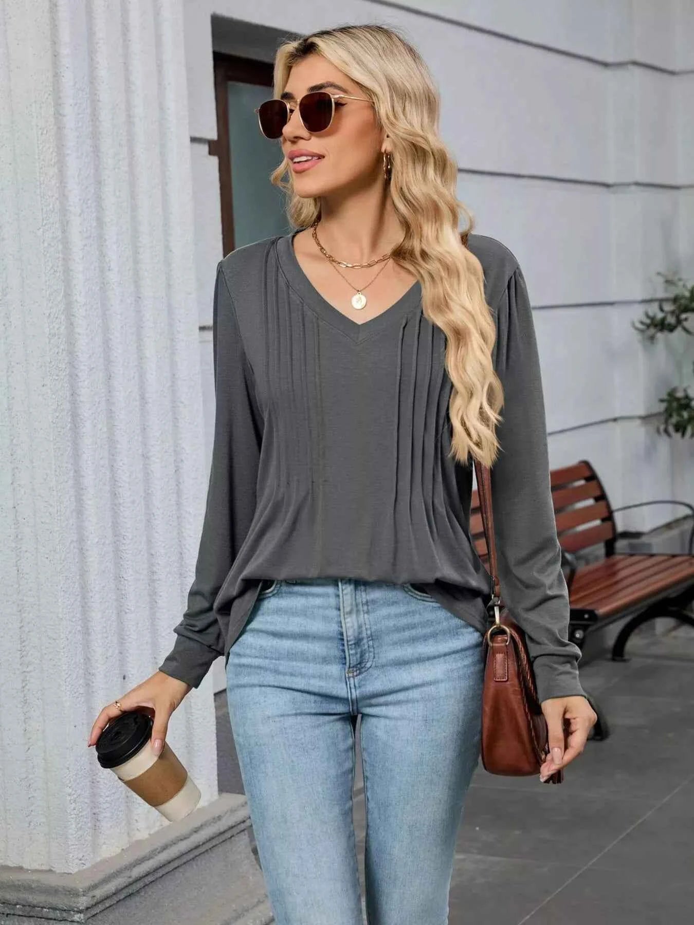 V-Neck Long Sleeve Relaxed Fit T-Shirt