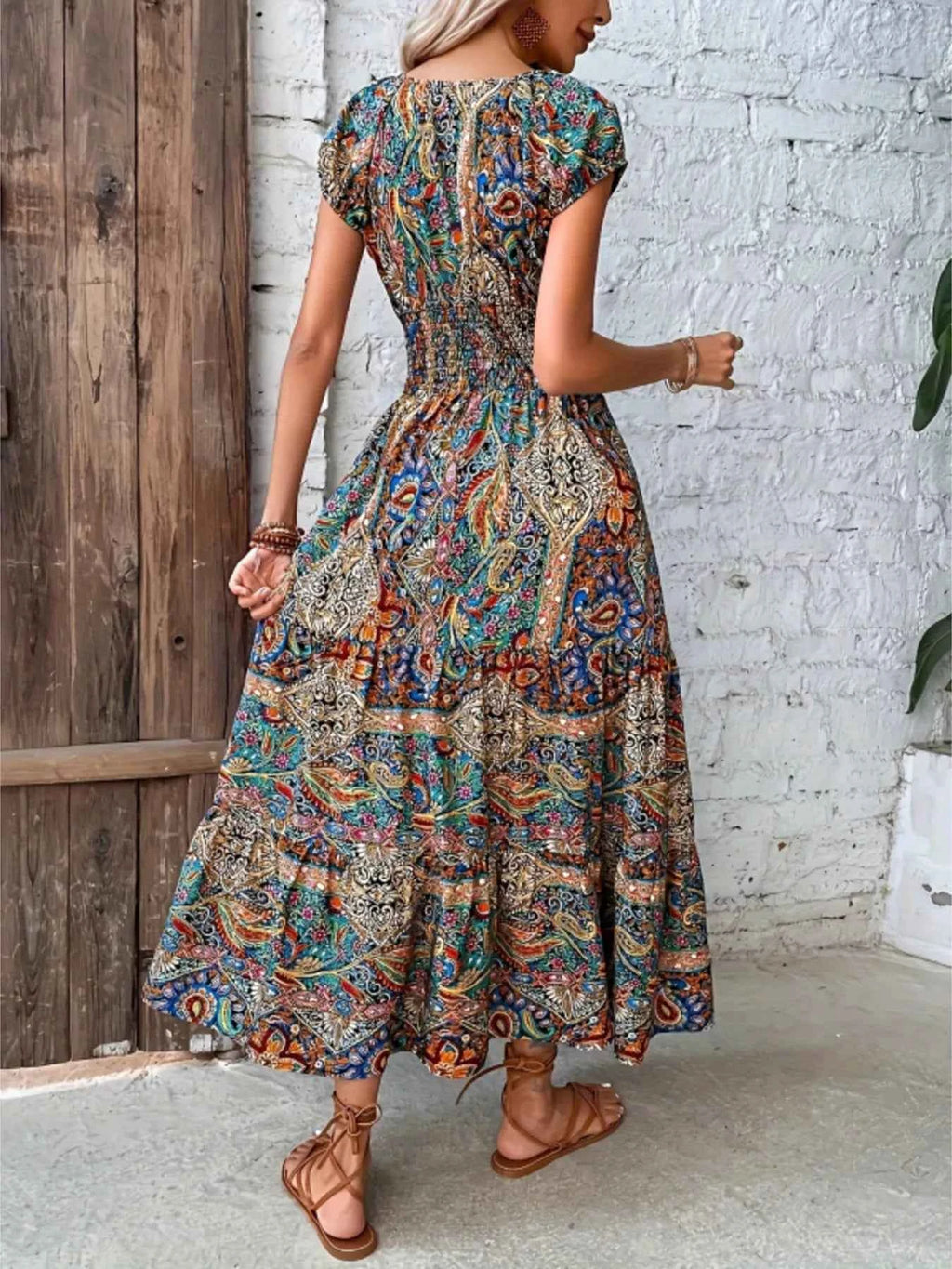 Printed V-Neck Cap Sleeve Dress 7f27602989fa4f1cbc153673e7cb1874-Max-Origin