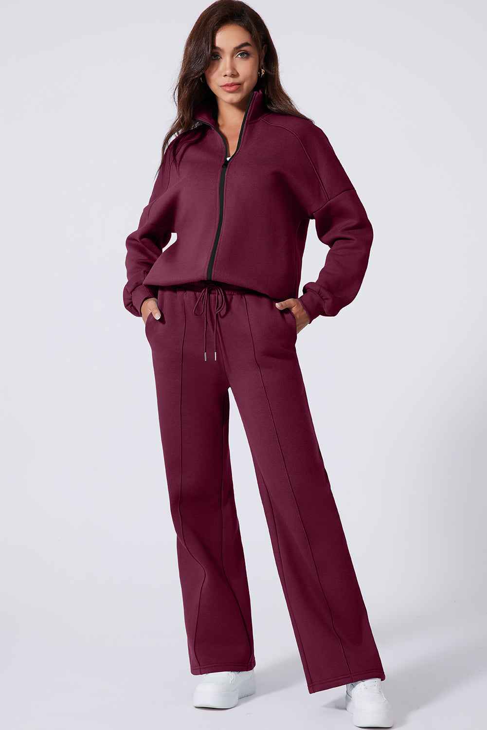 Burgundy Drop Shoulder Zip Up Jacket Drawstring Pants Active 2pcs Set 7f29cdf5385e66b7