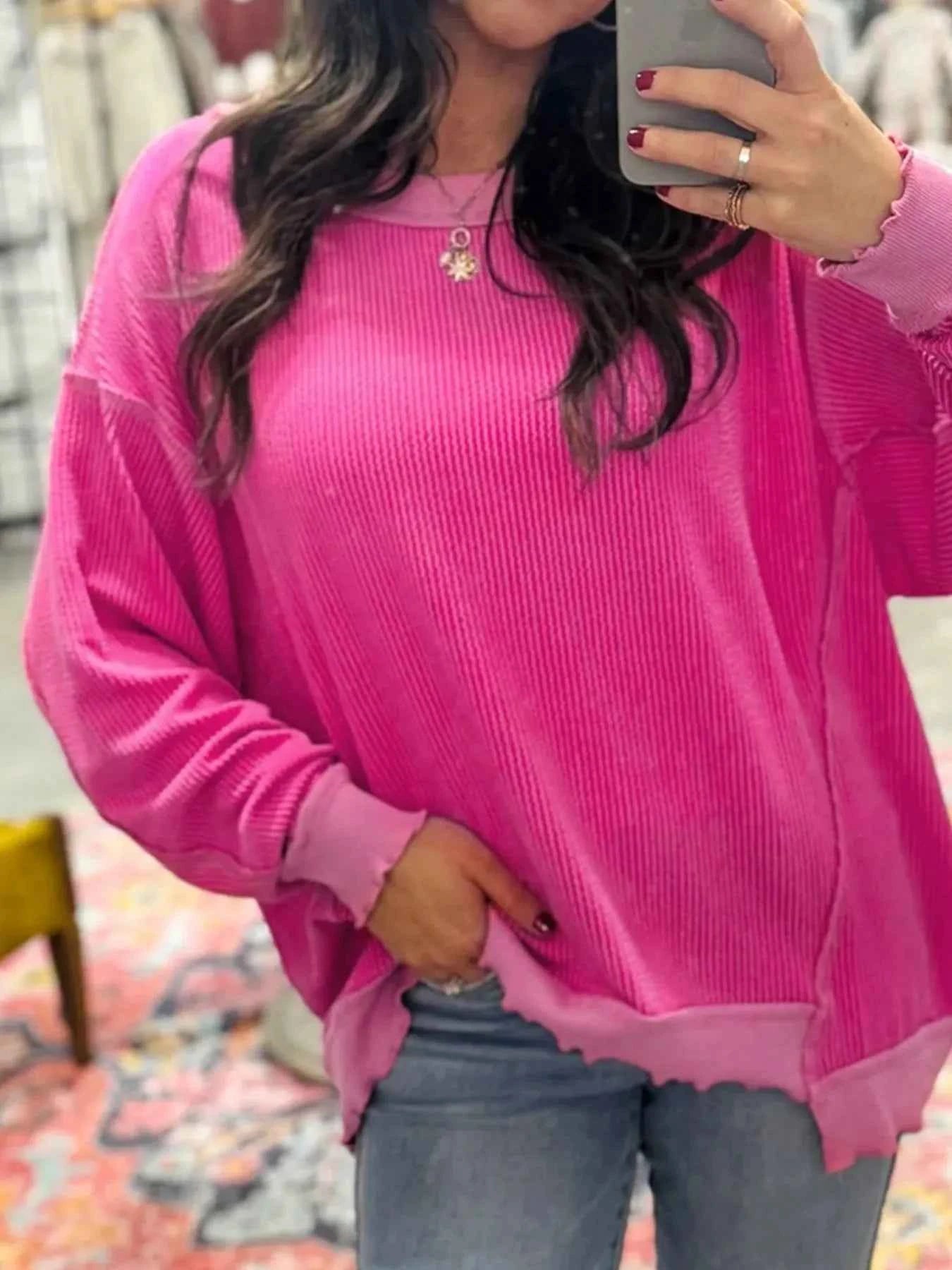 Twisted Rib Uneven Hem Drop Shoulder Loose Sweatshirt 7f2aee6b-0a99-4254-9c6b-a03d8e397229-Max-Origin