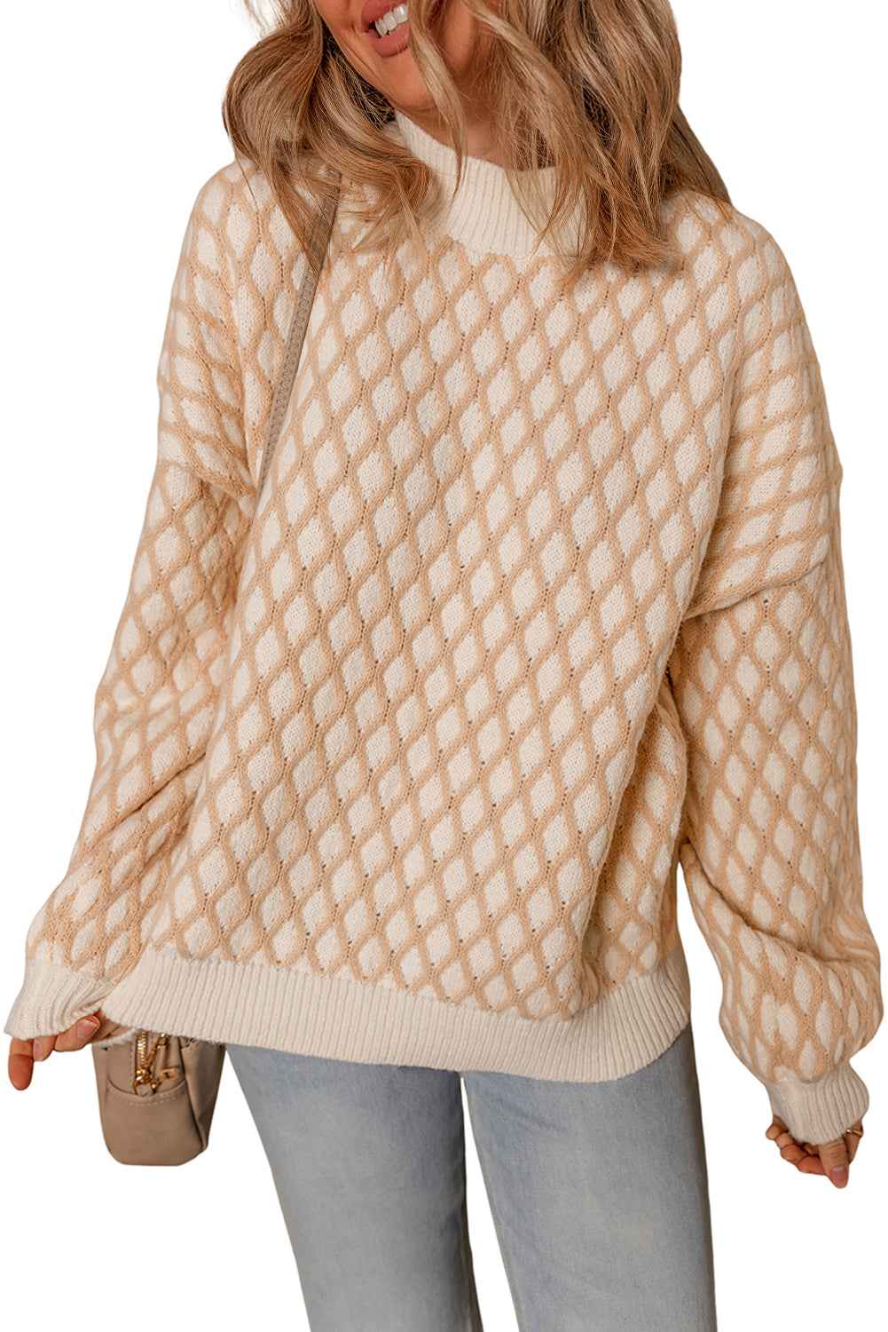 Smoke Gray Checkered Textured Knit Mock Neck Sweater Smoke Gray 65%Acrylic+35%Polyamide 7f2fed978293b320