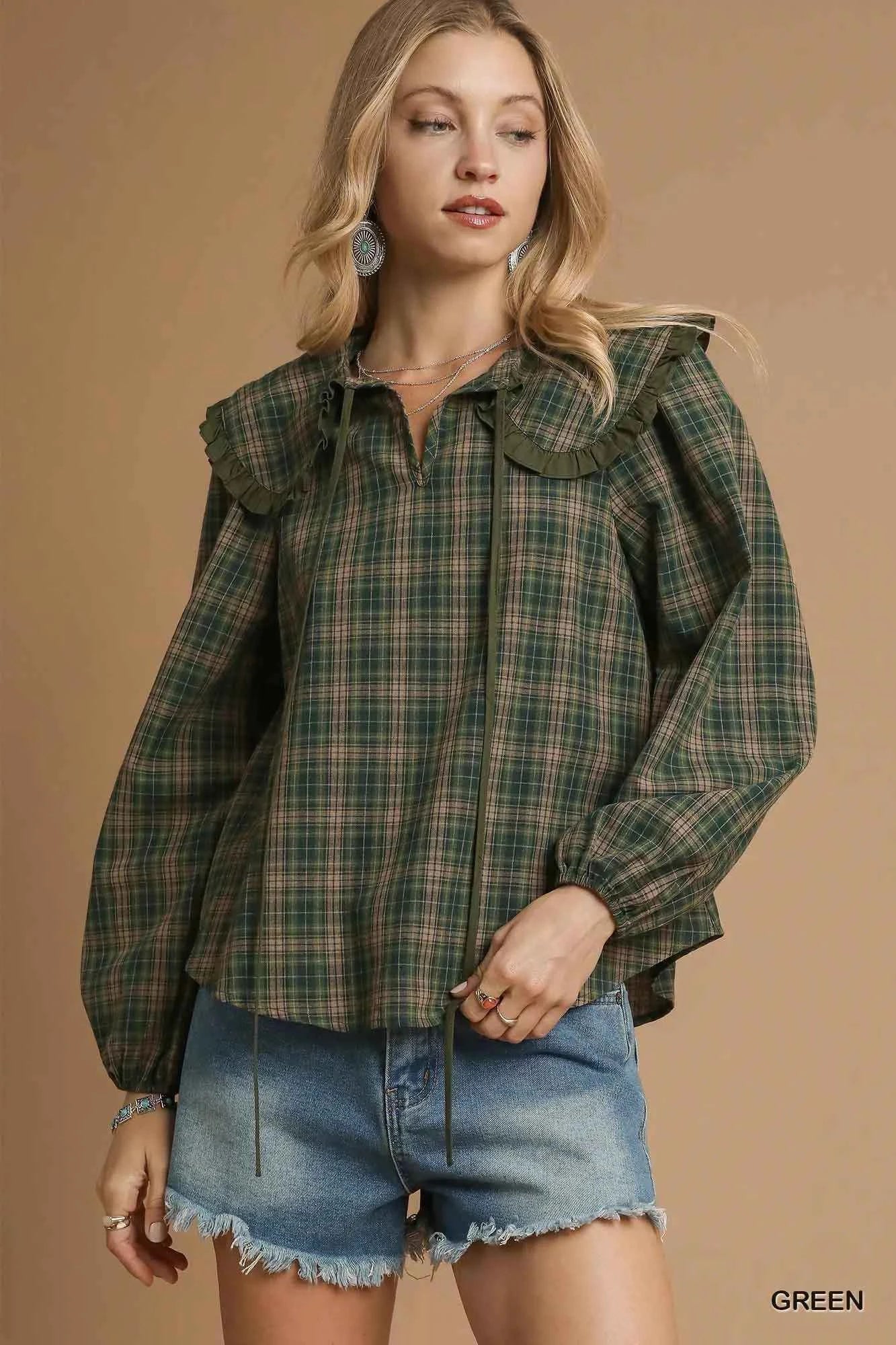 Umgee Full Size Plaid Ruffle Collar Blouse Plus Size 7f31797d-6fdc-4a0d-bd5a-5578d679b2b7-Max-Origin