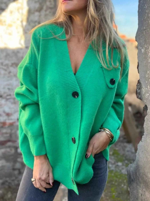 V-Neck Button-Up Oversized Sweater Cardigan Green 7f3271515c51489c84ed3204c32a7c8a-Max-Origin