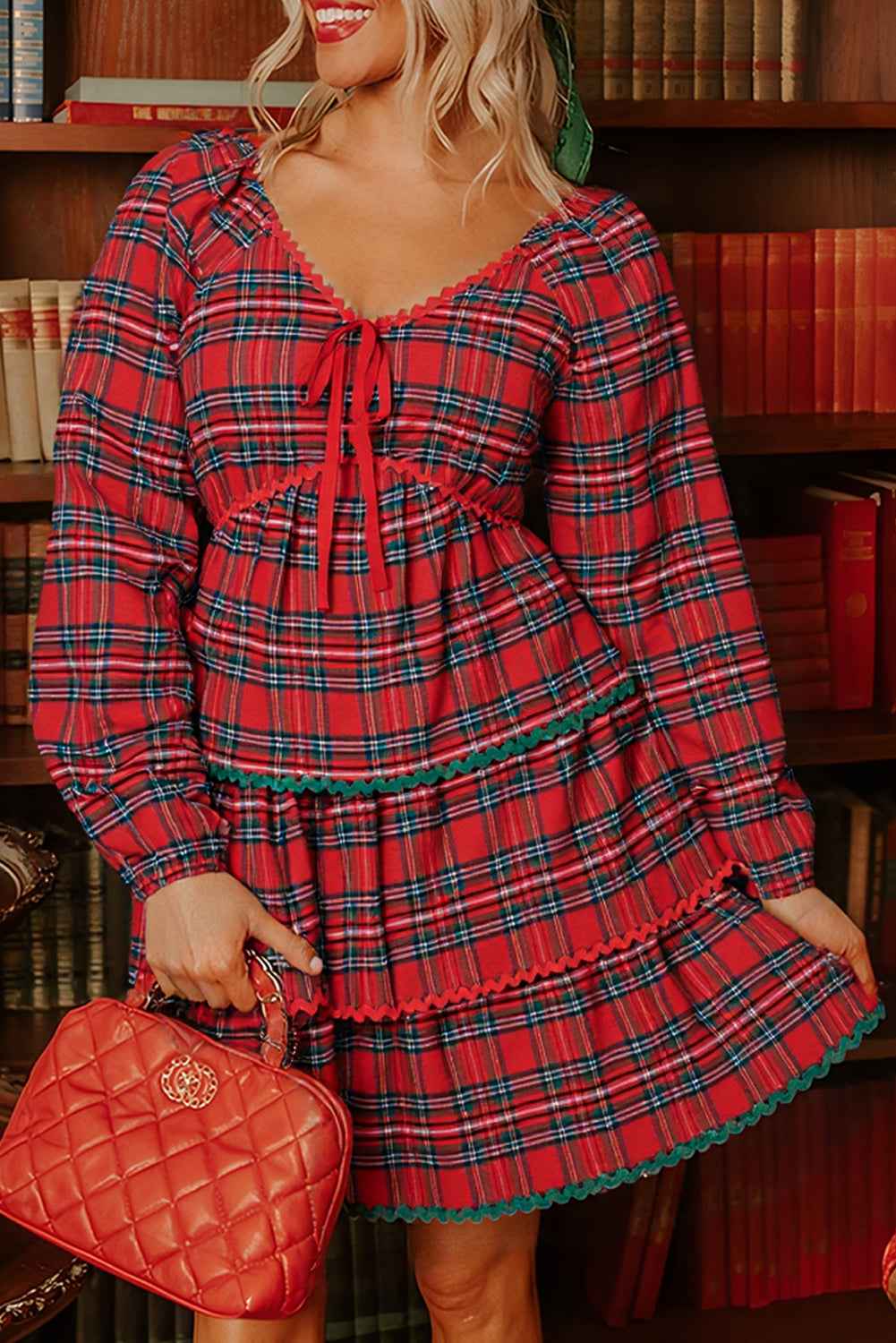 Red Plaid Print Ricrac Tiered Bubble Sleeve Mini Dress 7f33c18851b1ce96