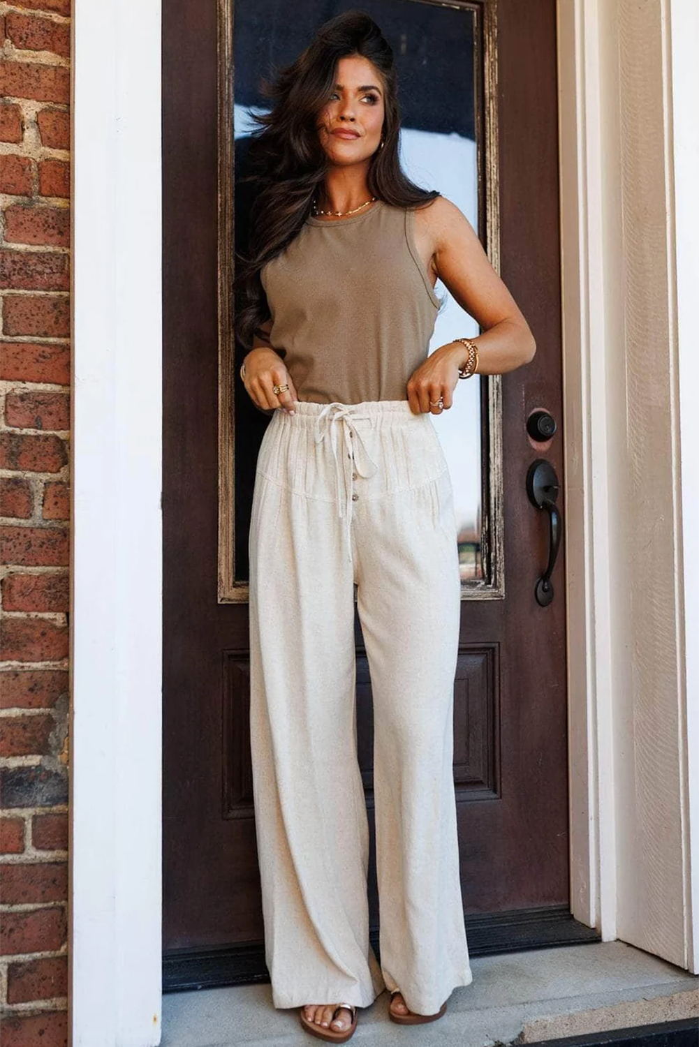 Jet Stream Drawstring Elastic Waist Button Pleated Detail Wide Leg Pants 7f34508793331e2e