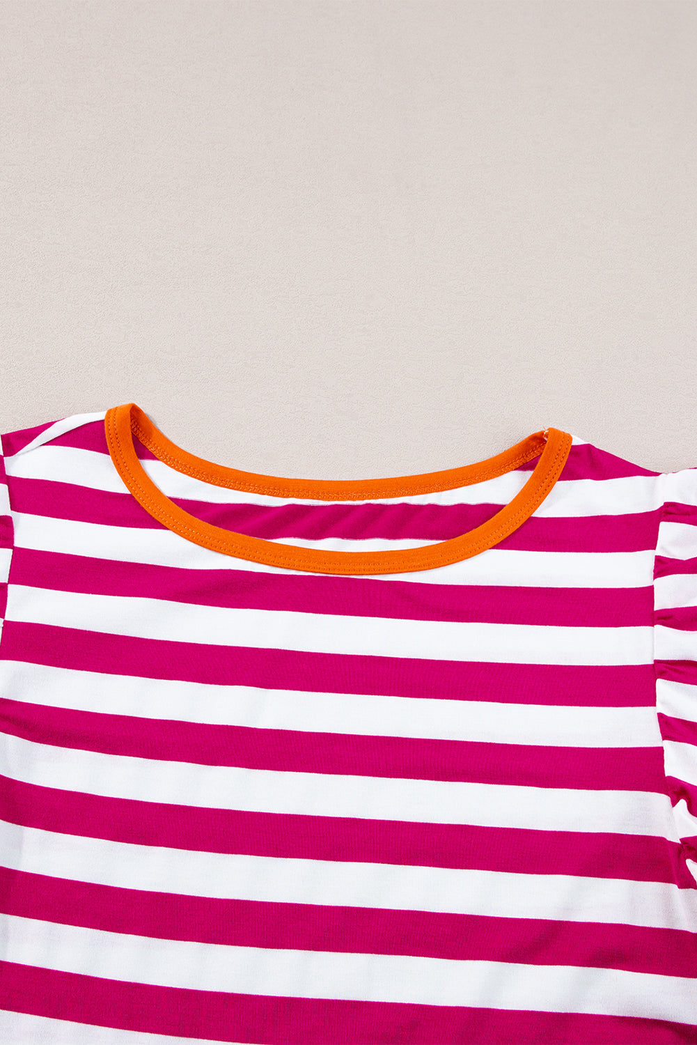 Rose Red Ruffle Sleeve Contrast Trim Striped Tee 7f3a9224a58b4b0c