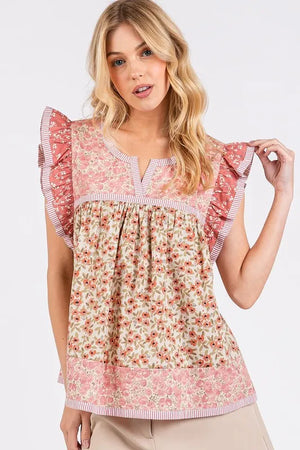 Floral Notched Ruffled Cap Sleeve Blouse Rose Pink 7f3c6148-92bc-4984-bd5c-ab86ef8b72f4-Max