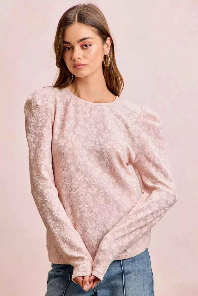 BiBi Textured Flower Knit Puff Shoulder Top 7f3d5d404a794ae7936380ff5ccd7b6f-Max-Origin