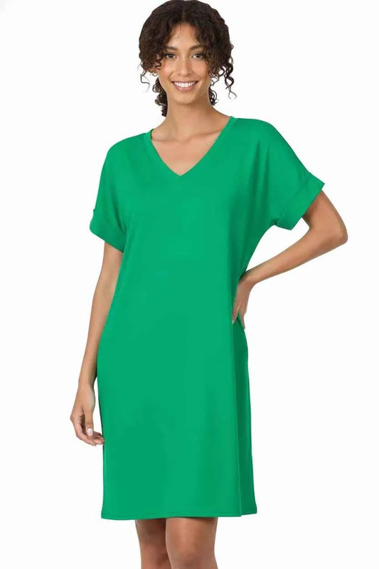 Brushed Dty Rolled Short Sleeve V-Neck Dress 7f47a486-9d64-470e-81f5-5b3d9bea1ae8-Max-Origin