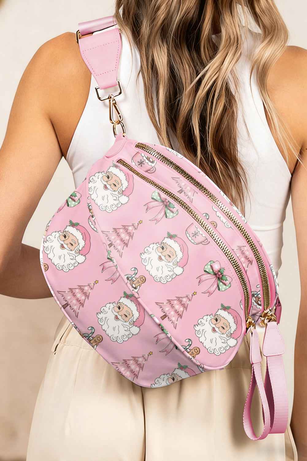Pink Christmas Graphic Double Zip Crossbody Bag 7f47d3dc421fe253