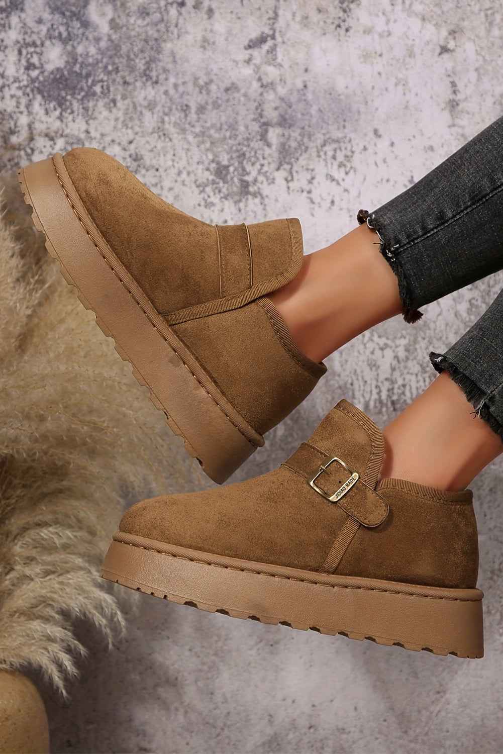 Coffee Buckle Detail Round Toe Platform Cozy Winter Boots 7f4cc45228d3a0d2