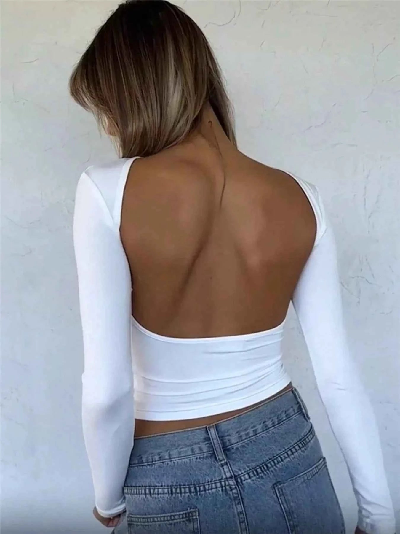 Backless Long Sleeve Slim Fit T-Shirt White 7f61b5c48d6f47b4a848377dbae9951a-Max-Origin
