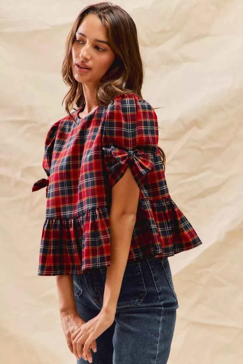 SO ME Christmas Holiday Plaid Ribbon Short Sleeves Top 7f6b2eb1ce3d4196aa713e48c5cc3839-Max-Origin