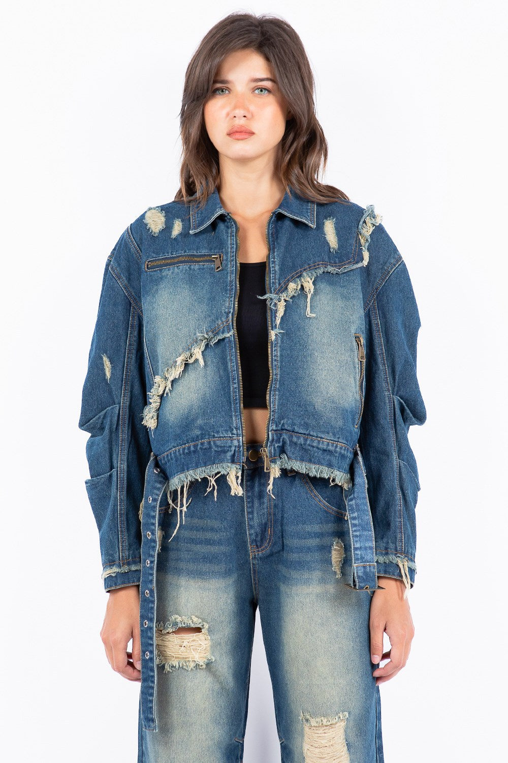 American Bazi Full Size Distressed Frayed Edge Zip Up Denim Jacket Plus Size Medium 7f6d03b8-3b7c-4628-b5f1-caba171f34dc-Max