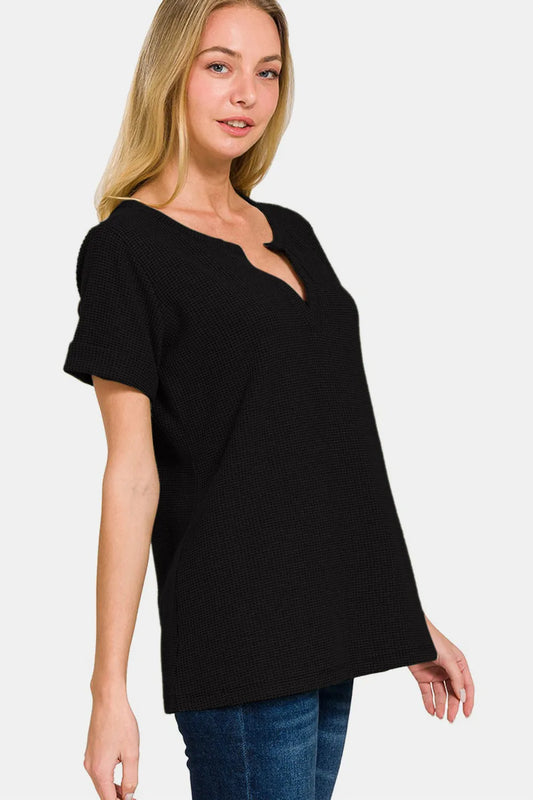 Notched Short Sleeve Waffle T-Shirt 7f6f2e11-fe53-4829-b1ea-6dfbc62898bd-Max