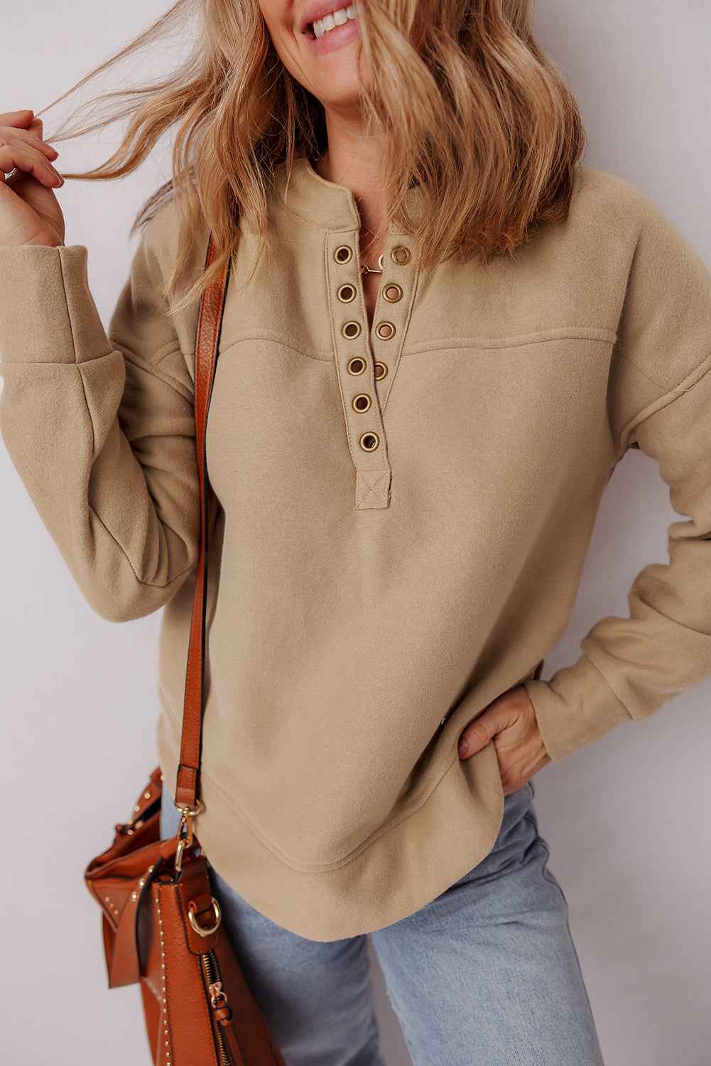 Light French Beige Grommet Detail V Neck Sweatshirt Light French Beige 50%Polyester+50%Cotton 7f71e53992cf3663