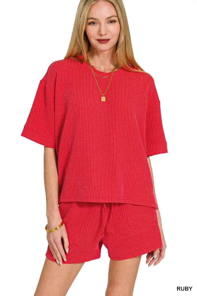 Zenana Raised Rib Short Sleeve Tee and Drawstring Shorts Set RUBY 7f74f129e8754125ba7955fab8ff2c1b-Max-Origin