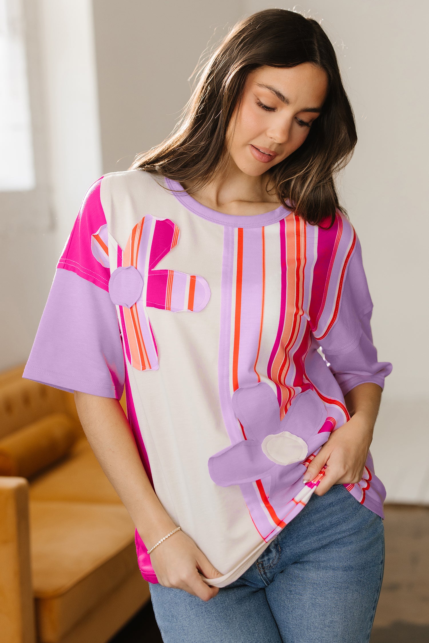 Pink Striped Color Block Flower Patched Half Sleeve Loose Top 7f7e8999b1fcec15