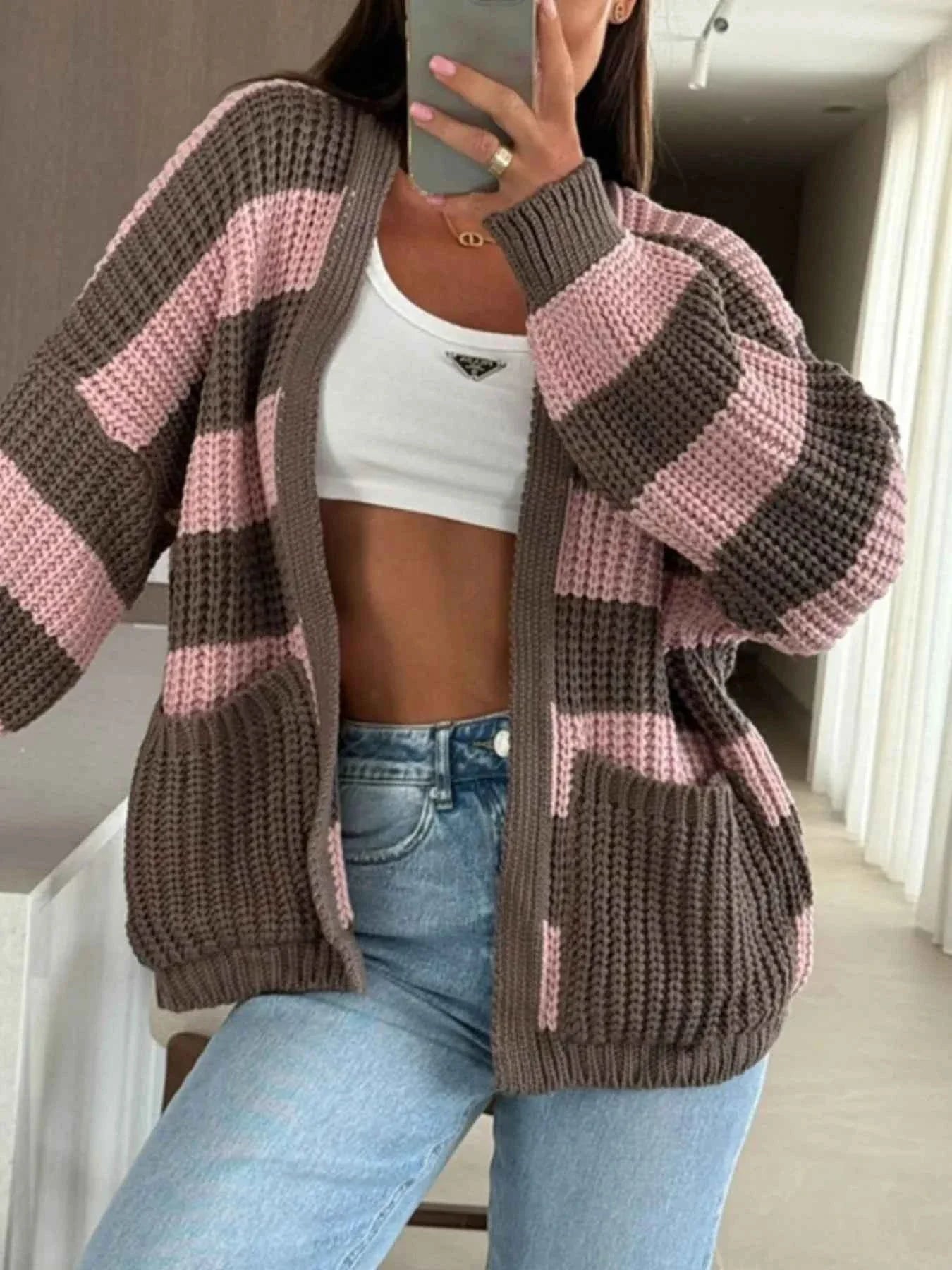 Striped Open Front Long Sleeve Cardigan 7f87d35d-8b2a-49bf-81d5-9d23f719be1e-Max-Origin
