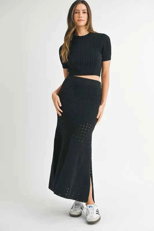 MABLE Pointelle Short Sleeve Crop Top and Slit Skirt Sweater Set Black 7f8bd0f681dd466d86293f944a267e1f-Max-Origin