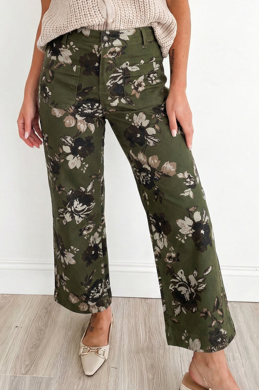 Green Vintage Floral Print Square Patch Pocket Raw Hem Shift Jeans Green 98%Cotton+2%Elastane 7f8d56359cbd5d6f